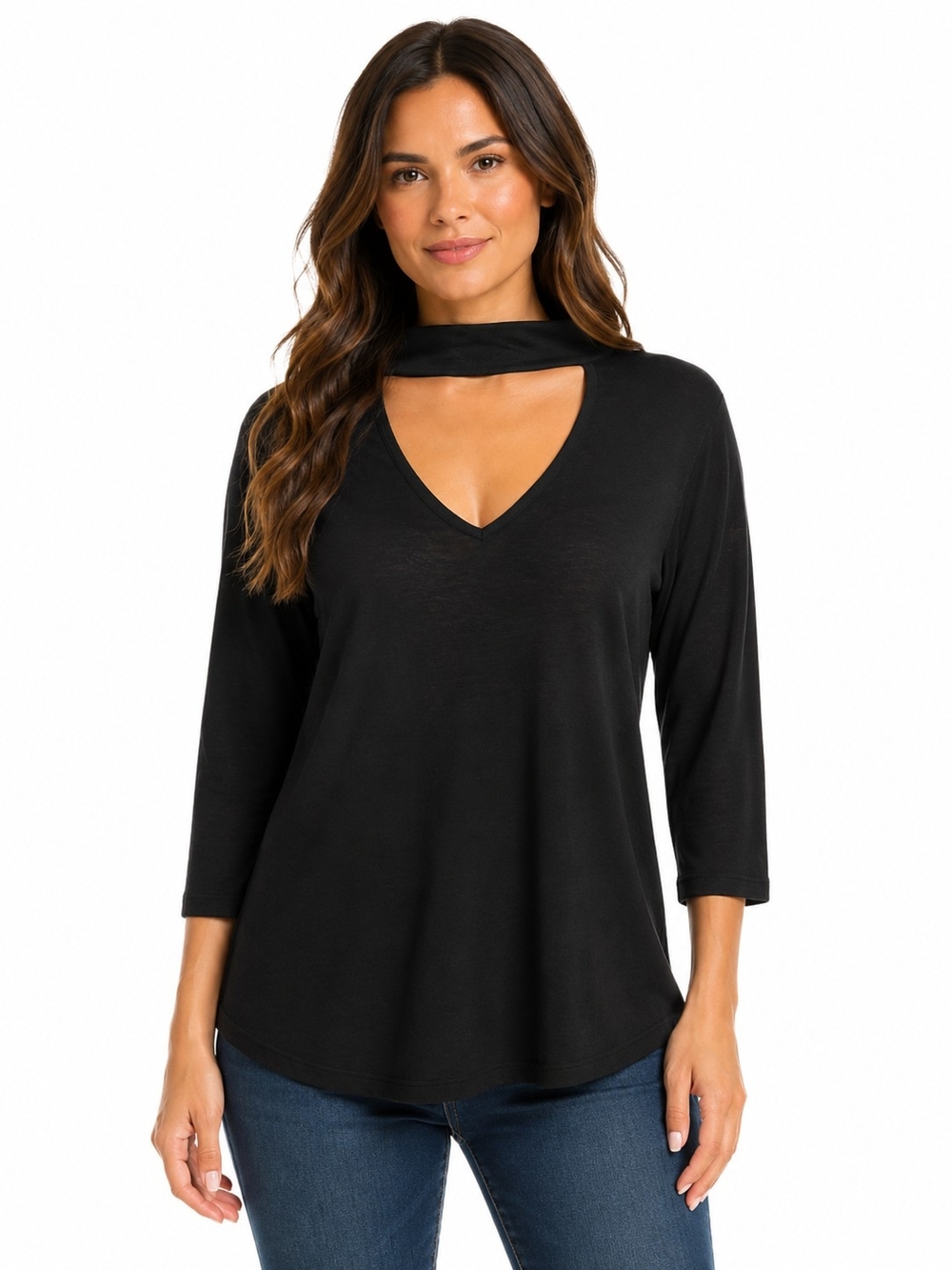 Allie & Rob Black V-Neck Long Sleeve Top with Neck Cutout